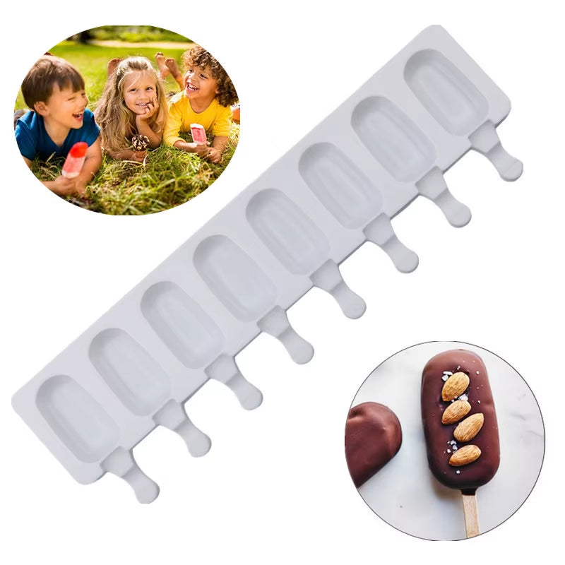 8/4/3 Hole Silicone Ice Cream Ice Cream Mold, Silicone Ice Pop Mold Popsicle Molds,Wooden Sticks, Classic Oval,Non Stick