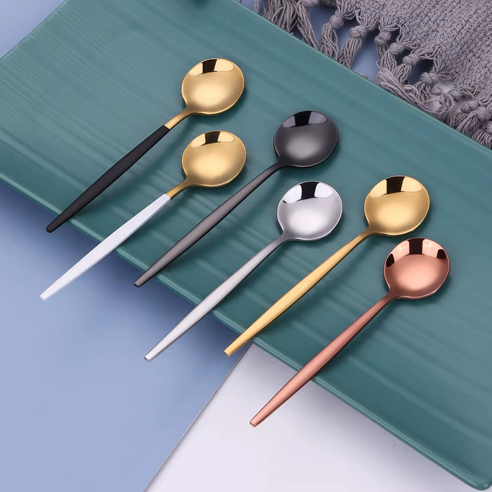 6 Pieces Gold Coffee Spoon Stainless Steel Stiring Teaspoons Ice Cream Cake Dessert Spoon Set Sliver Tableware Party Cutlery