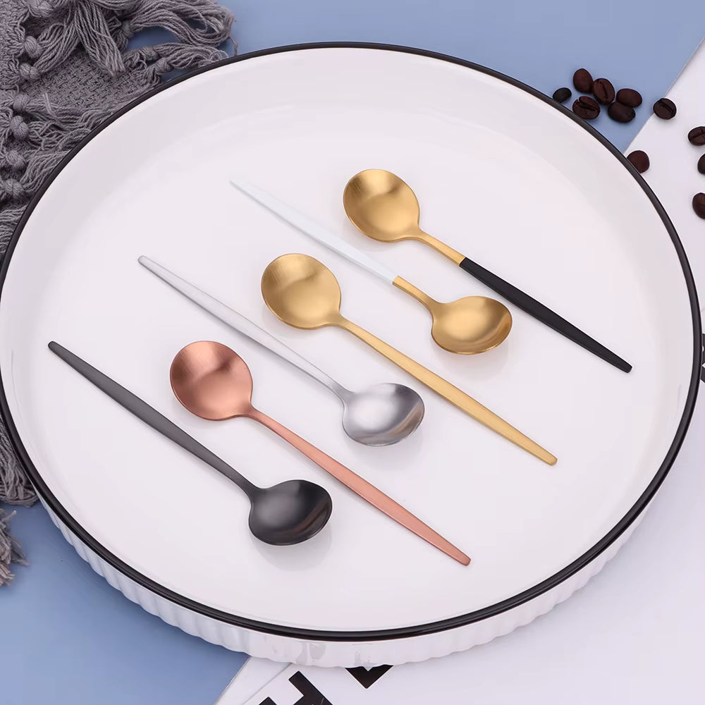 6 Pieces Gold Coffee Spoon Stainless Steel Stiring Teaspoons Ice Cream Cake Dessert Spoon Set Sliver Tableware Party Cutlery