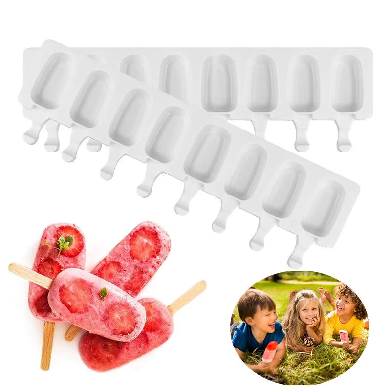 8/4/3 Hole Silicone Ice Cream Ice Cream Mold, Silicone Ice Pop Mold Popsicle Molds,Wooden Sticks, Classic Oval,Non Stick