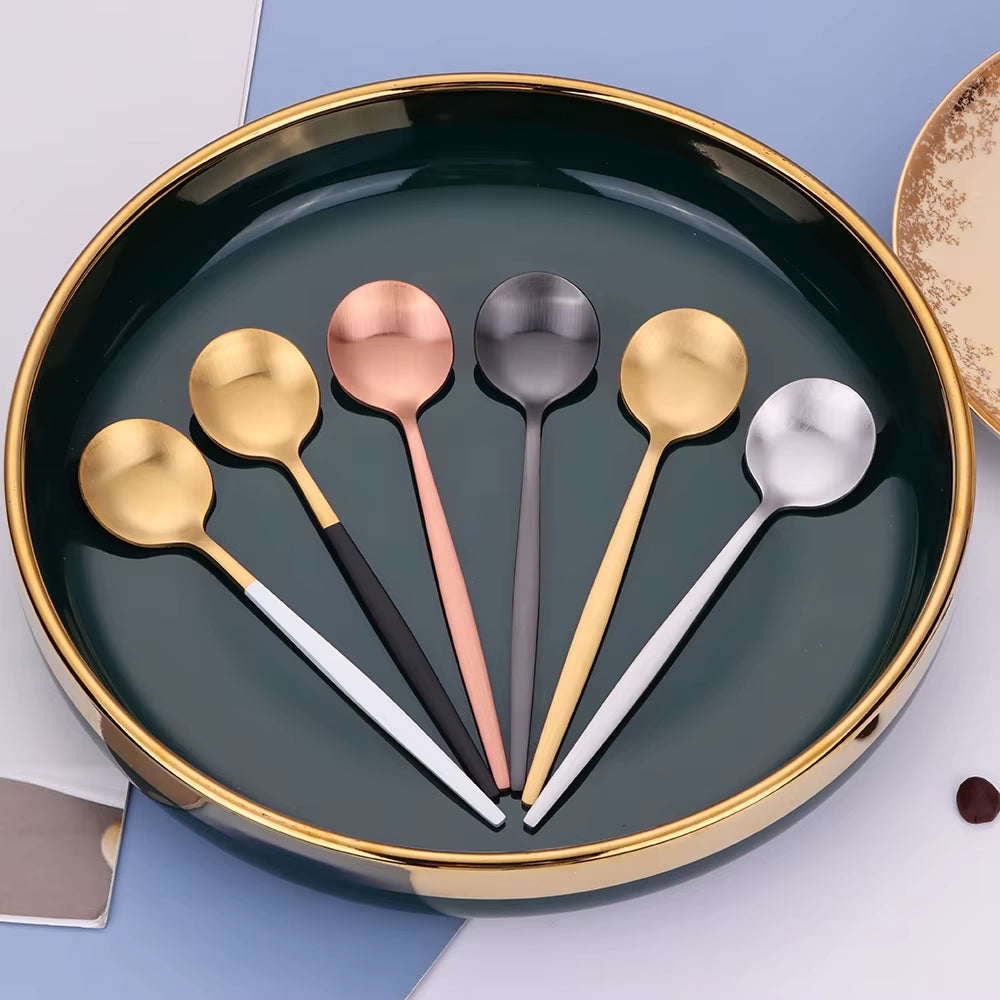 6 Pieces Gold Coffee Spoon Stainless Steel Stiring Teaspoons Ice Cream Cake Dessert Spoon Set Sliver Tableware Party Cutlery