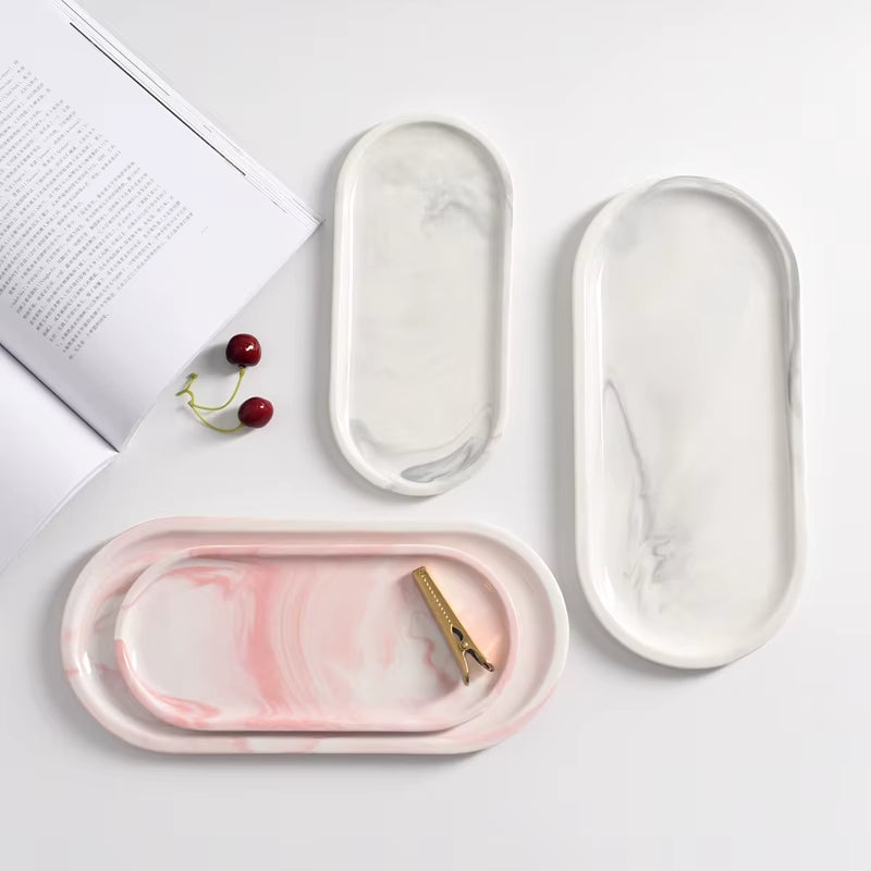 Nordic Marble Texture Tray Ceramic Oval Plate Western Dish Dessert Dish Jewelry Storage Tray