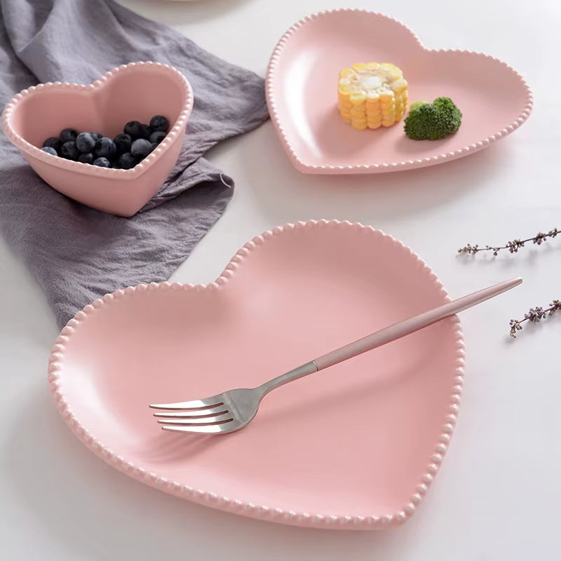 Frosted Ceramic Tableware Breakfast Plate Love Heart Dish Heart Shaped Bowl Couple Plate Creative Dessert Plates Hollowware