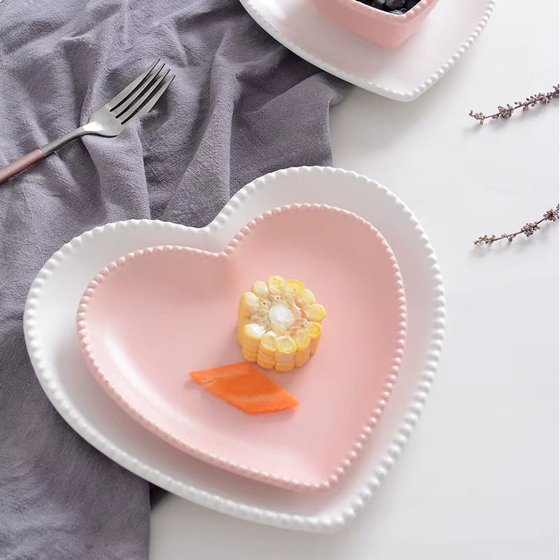 Frosted Ceramic Tableware Breakfast Plate Love Heart Dish Heart Shaped Bowl Couple Plate Creative Dessert Plates Hollowware