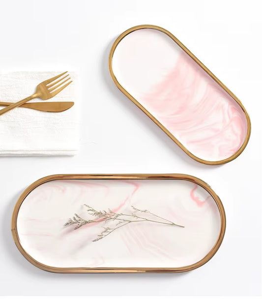 Nordic Marble Texture Tray Ceramic Oval Plate Western Dish Dessert Dish Jewelry Storage Tray