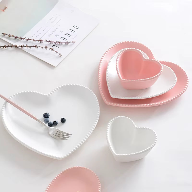 Frosted Ceramic Tableware Breakfast Plate Love Heart Dish Heart Shaped Bowl Couple Plate Creative Dessert Plates Hollowware