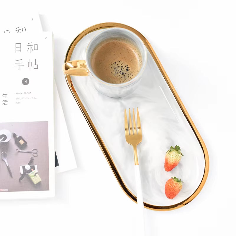 Nordic Marble Texture Tray Ceramic Oval Plate Western Dish Dessert Dish Jewelry Storage Tray