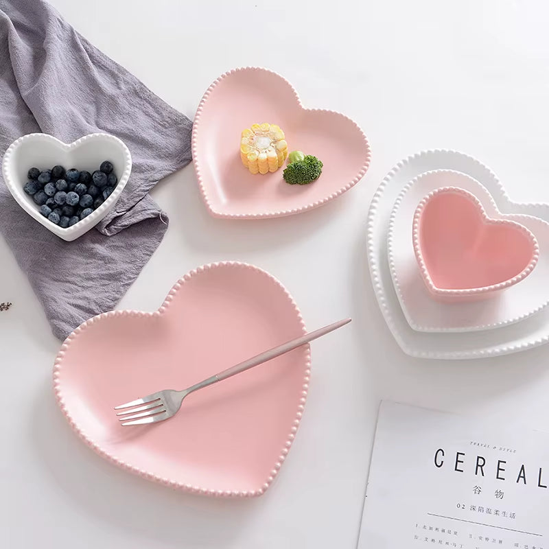 Frosted Ceramic Tableware Breakfast Plate Love Heart Dish Heart Shaped Bowl Couple Plate Creative Dessert Plates Hollowware