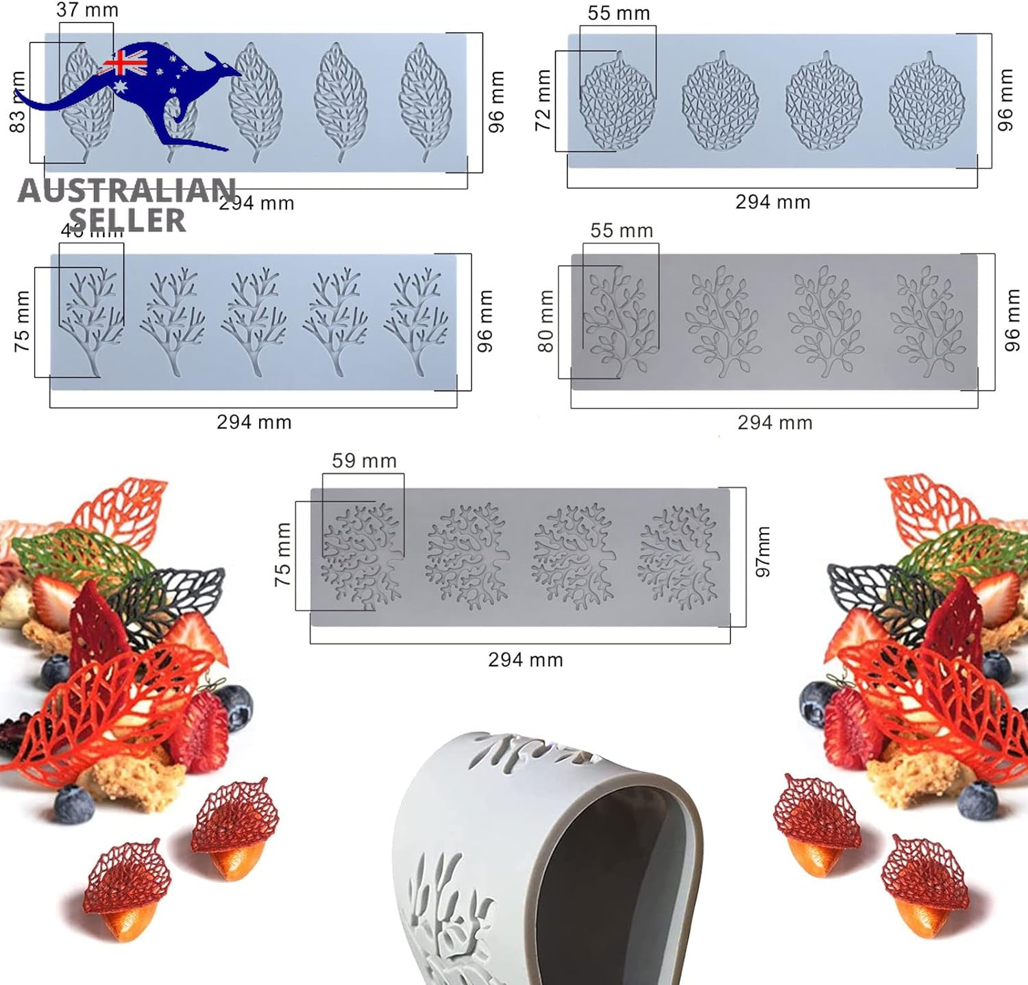 Cake Fondant Mold,Tuille Moulds Silicone,5 PCS Candy Moulds,Leaf Silicone Mold C