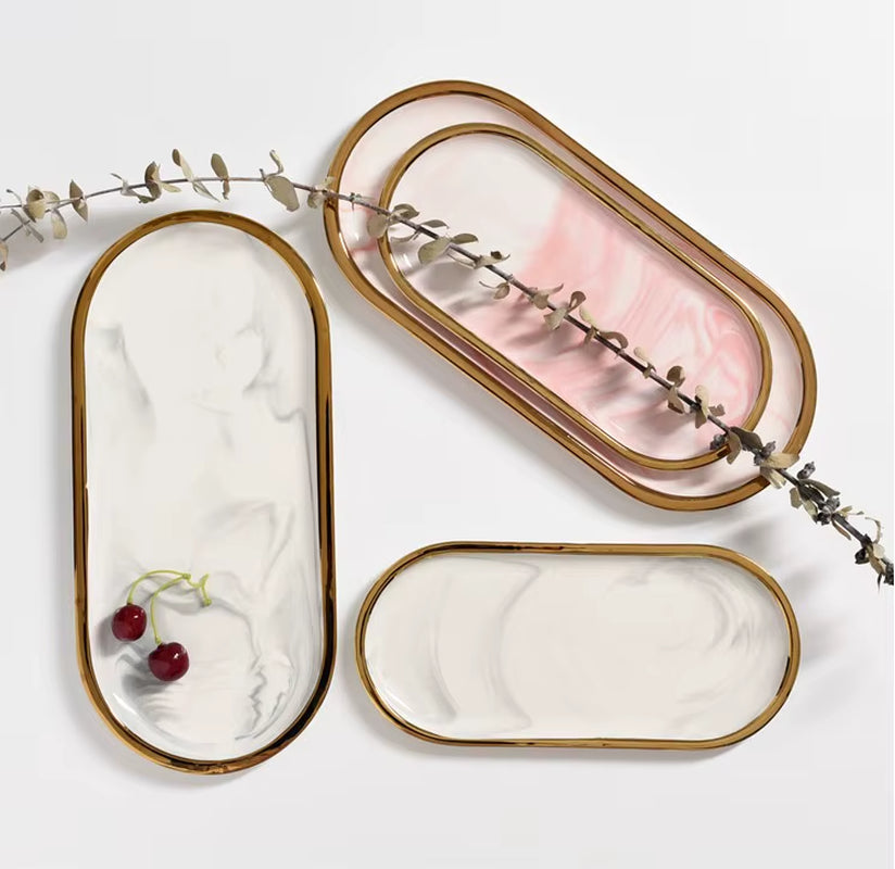 Nordic Marble Texture Tray Ceramic Oval Plate Western Dish Dessert Dish Jewelry Storage Tray