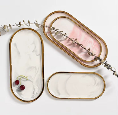 Nordic Marble Texture Tray Ceramic Oval Plate Western Dish Dessert Dish Jewelry Storage Tray
