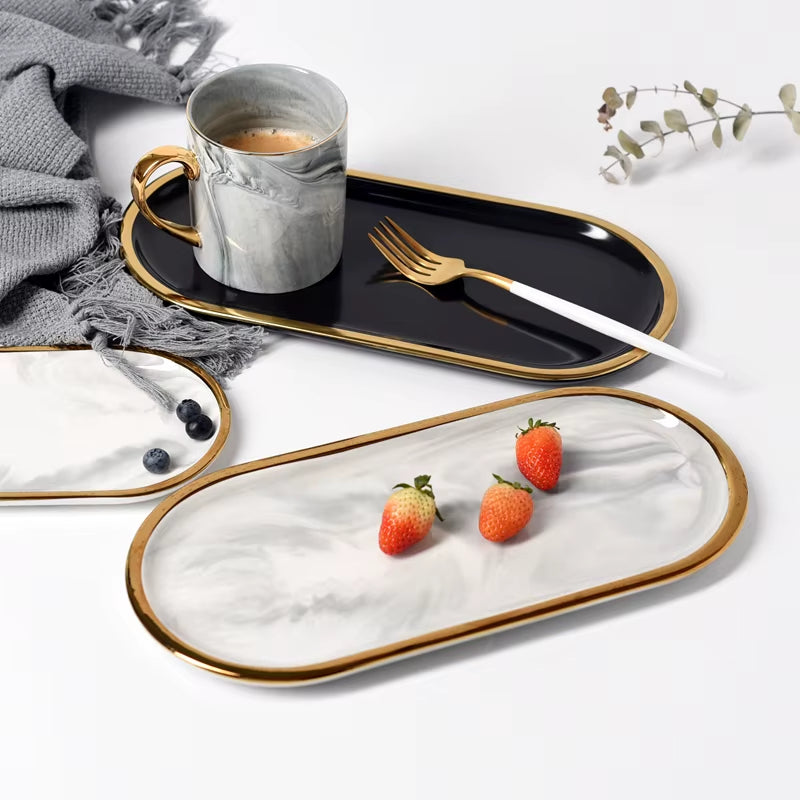 Nordic Marble Texture Tray Ceramic Oval Plate Western Dish Dessert Dish Jewelry Storage Tray