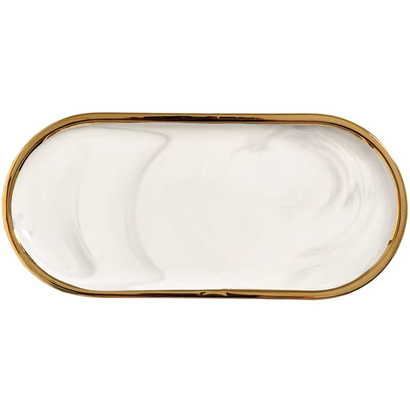 Nordic Marble Texture Tray Ceramic Oval Plate Western Dish Dessert Dish Jewelry Storage Tray
