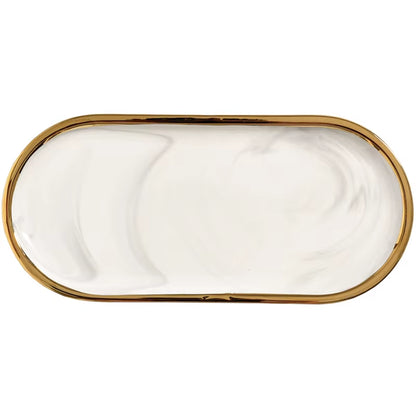 Nordic Marble Texture Tray Ceramic Oval Plate Western Dish Dessert Dish Jewelry Storage Tray